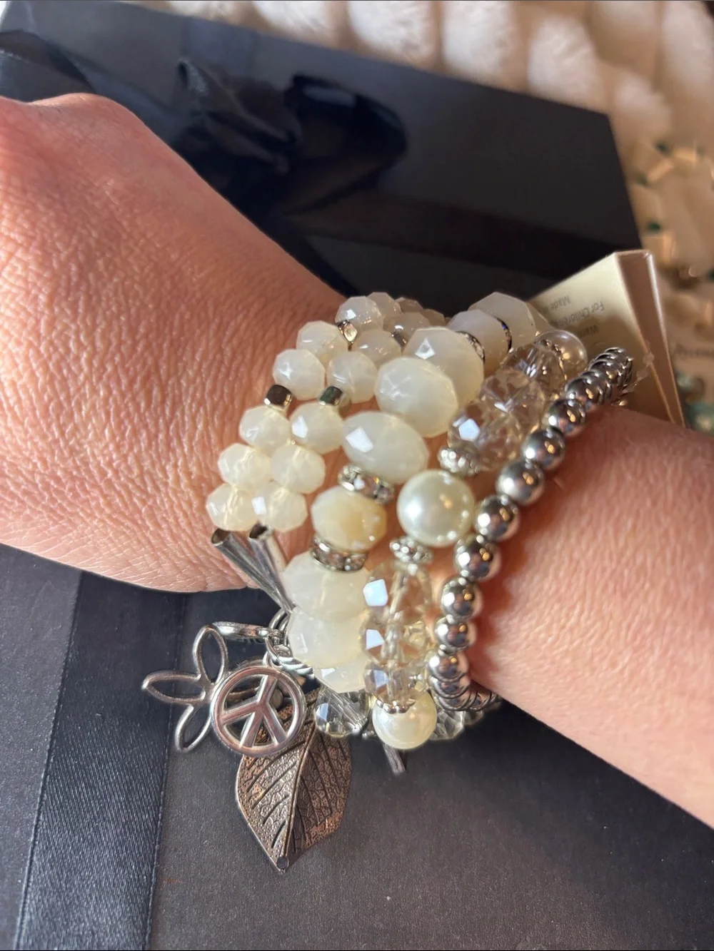 Tree of Life White, Silver & Pearl Multi-Strand Bracelet Set 5 Bracelets
